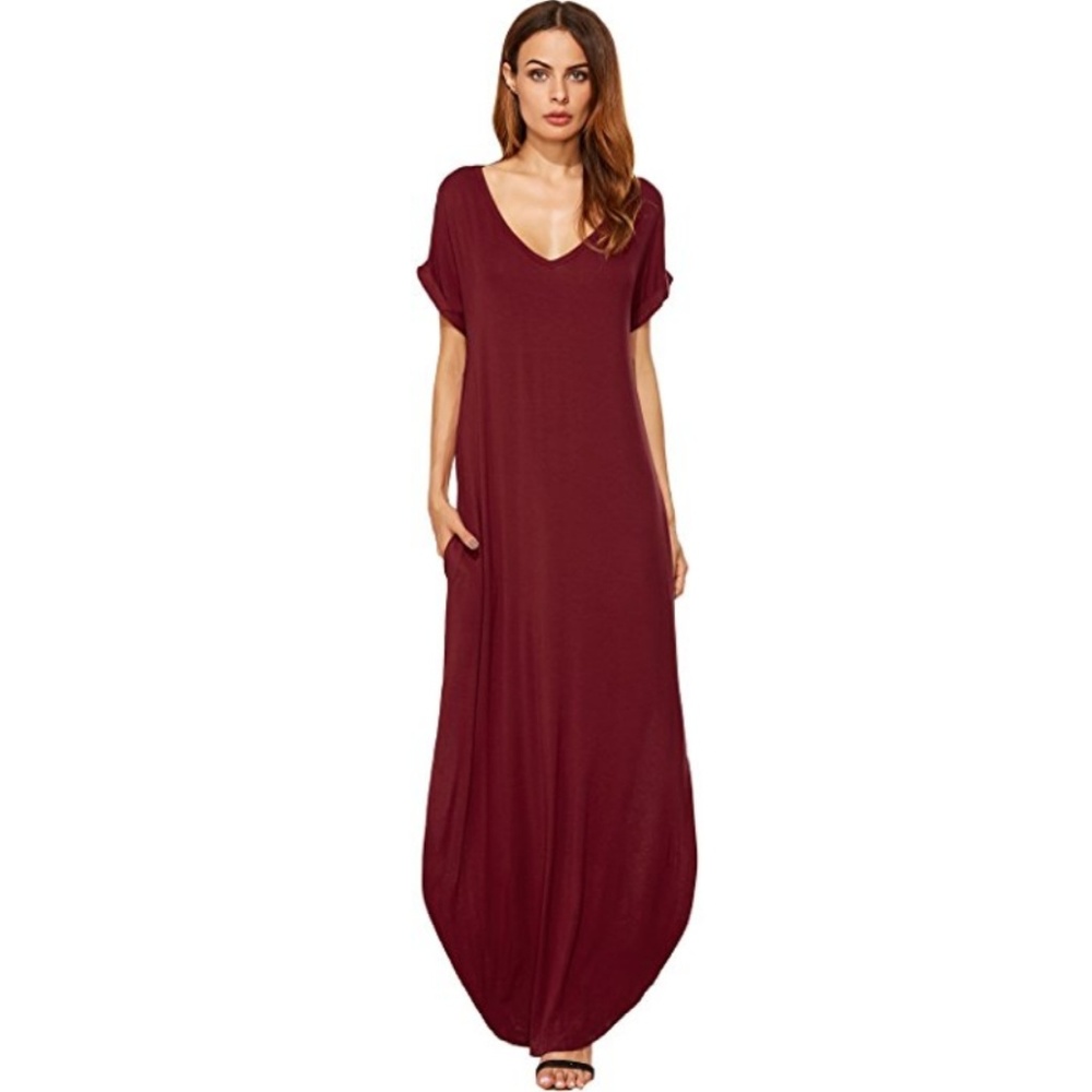 Cozy v neck wine maxi dress FLATTERING
